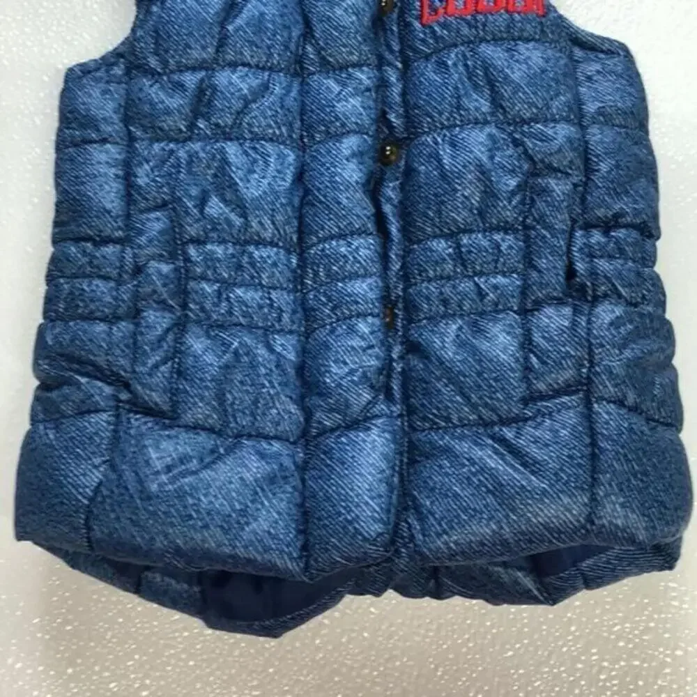 COOGI Kids Denim Blue Puffer‎ Vest Hooded Faux Fur Trimmed